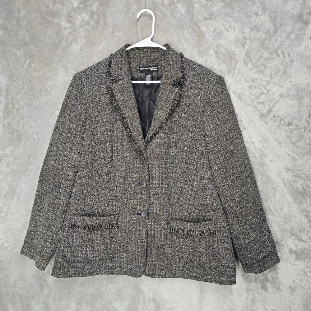 Norton Mcnaughton Woman Tweed Fringe Blazer‎ Jacket 20W Gray Black Textured